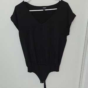 Express Black V-Neck Short Sleeve Bodysuit with Elastic Waist